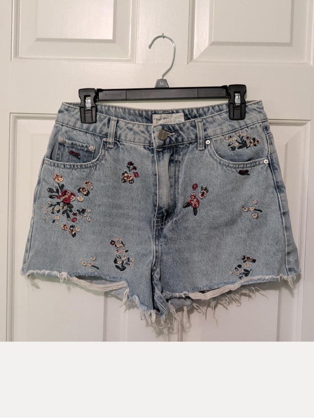 Banjara 23 denim blue distressed front embroidery red green tan floral shorts
